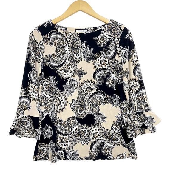 Charter Club Petite Top Womens Size PM Black Paisley Print 3/4 Sleeve Round Neck - Picture 1 of 10